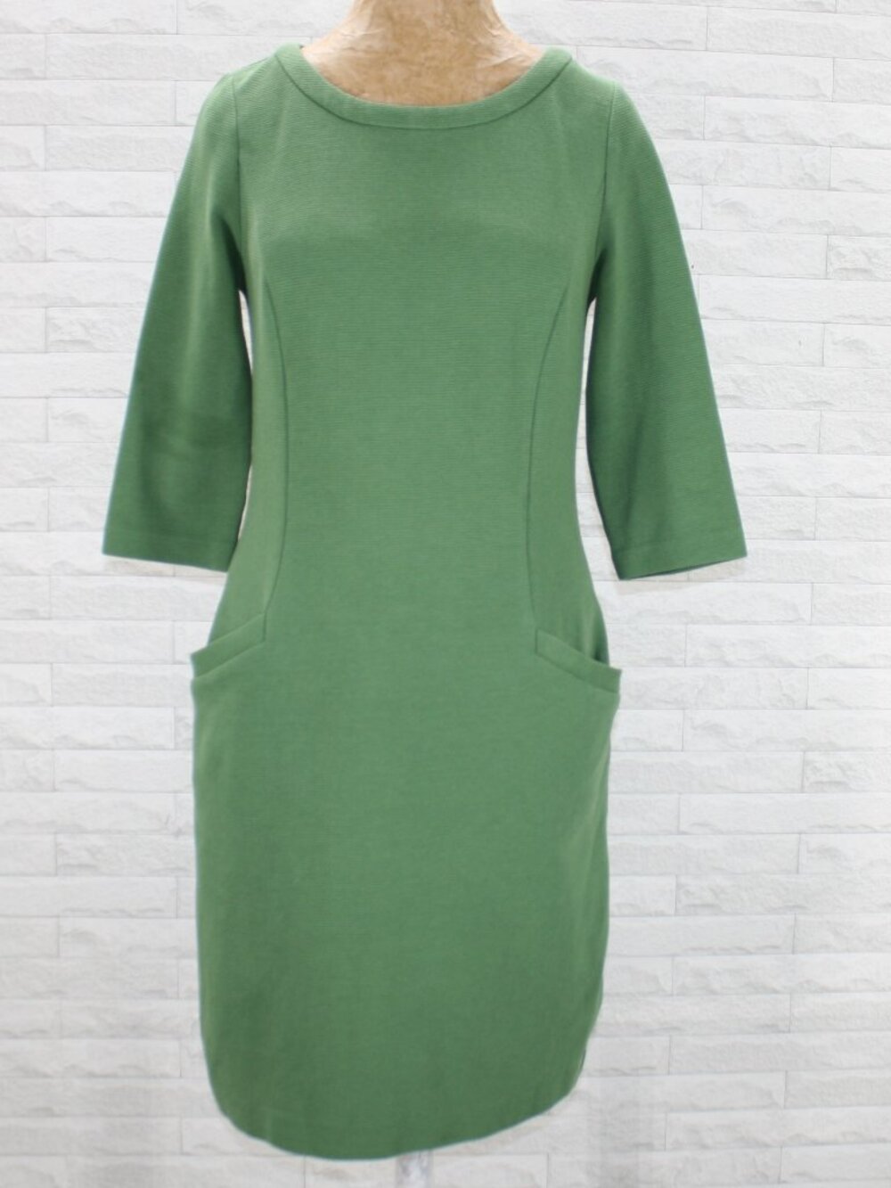 BODEN Colette Dress Ribbed Ottoman Knit Shift Midi Fall Cropped Sleeve Green 4